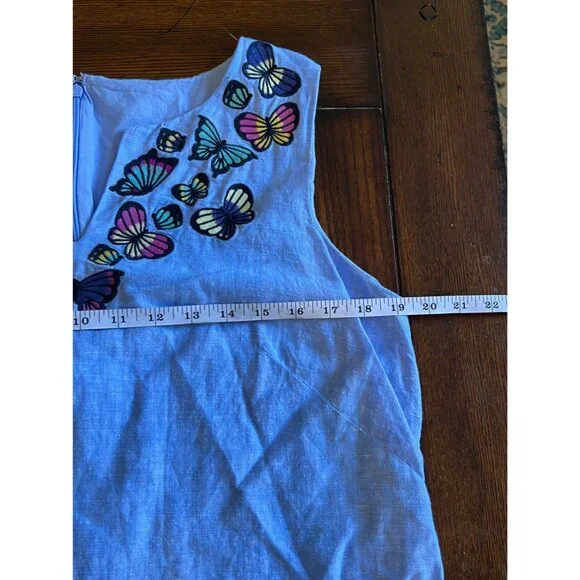 Talbots Embroidered Butterfly Blue Linen Blend Knee Length Dress 12 Sun Dress - Picture 8 of 10